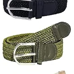 zacharias Men Stretchable Belt Pack of 3 Black_Green & Fawn Free Size-picture-20