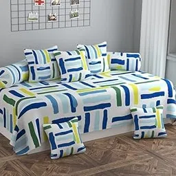 Premium Cotton Feel Diwan for Living Room Furniture 1 Single Bedsheet 2 Bolester Cover 5 Cushion Cover, 8 Pieces, Striped Printed Cotton, Green and White-image-90