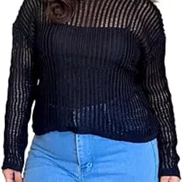 icw Women's Knitted Transparent Hollow Out Loose Round Neck Long-Sleeve Color Block Stripe Pullover Top T-Shirt Dn11 (ONE Size FIT S-M-L)-picture-23