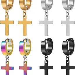 4 pair-8pair Stainless Steel Cross Dangle Hinged Hoop Earrings Piercing For Men Women Jewelry JDXN-picture-27