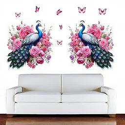 Decorative 2 Peacock with Pink Flower Wall Sticker | Size 16 inch x 32 inch | Home Decor | Self Adhesive (Packed of 1)-picture-31