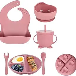 Luteti Silicone Baby Feeding Set, Baby Led Weaning Supplies with Suction Bowl Divided Plate, Toddler Self Feeding Dish Set with Spoons Forks Sippy Cup Adjustable Bib, Baby Eating Utensils (Pink)-picture-64