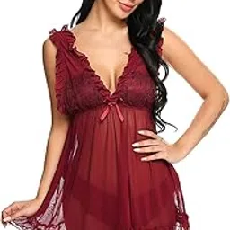 zerjama Women's Babydoll Lingerie Back Open Nightie Nightwear for Women Net Lace Half Coverage Nighty for Girlfriend Wife Bridal Honeymoon, Valentine (BD-11716)-picture-11