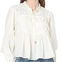 vero moda Women's Lace Yoke Detail Blouson Top | Ruffle Collar | Front Tie-Up | Full Sleeves Ruffled Hem-picture-17