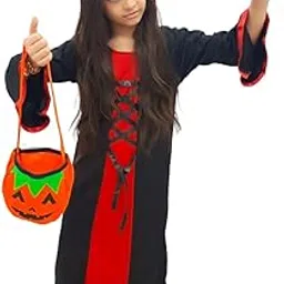 BookMyCostume Red and Black Halloween Costume for Girls | Witch Costume for Girls Gown with Scary Attached Hood and Pumpkin Basket Combo 4-5 Years-picture-10
