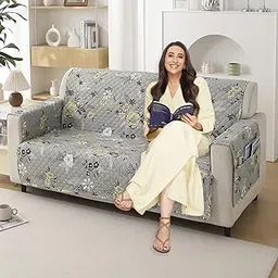 HOKIPO 'VivaCasa Series' Polyester 2 Seater Quilted Sofa Cover with Pockets, Floral Ash Grey (NEW-739-D3)-picture-12