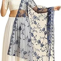 dupatta bazaar Women's Floral Embroidered Navy Blue Net Dupatta-picture-30