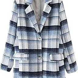 quecy Women's Polyester Relaxed Fit Casual Plaid Notched Work Wear Blazer (Blue,S)-picture-19