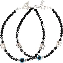 MDSC Black Beaded Anklet Set for Women & Girls – Evil Eye Protection with Silver Elephant Charms – Adjustable Fashion Payal - Pack of 2-image-21