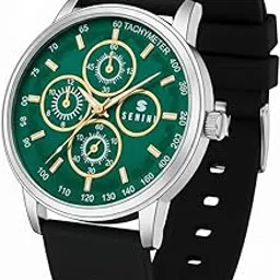 Senin Luxury Chronograph Watch, Green Dial with Gold Accents, Silver Case, Black Silicone Band, Analog Display, Men's Wrist Watch-image-29