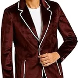 d'aura Men's Velvet Blazer, Burgundy with White Piping, Cotton Blend, Notch Lapel, Business Casual, Tailored Fit, Long Sleeve-picture-20