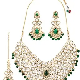 zaveri pearls Green Beads Dazzling Stones Embellished Bridal Necklace Earring & Maangtikka Set For Women-ZPFK21641-picture-49