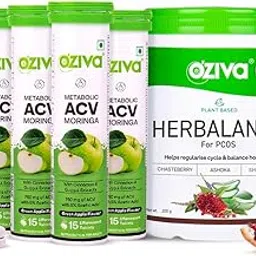 OZiva Plant Based HerBalance for PCOS Supplements for Women 250g and ACV Moringa for Weight Loss|3-in-1 Fat Oxidation Formula, 60 Effervescent Tablets (Green Apple) (Pack of 4)-picture-31
