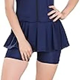 RRovars Women Poly Jersy Frock Style Swimming Costume for Women Half Sleeves Half Length with Front Zipper (Without Pads) (Navy Blue; 2XL)-image-97