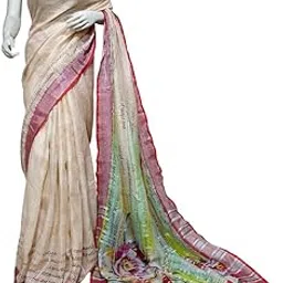 zedaar Cream Linen Saree with Multicolor Floral Print | Script Motifs & Contrast Red Border-picture-37