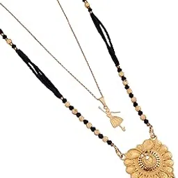 malkyn Women's Gold Plated Peacock Motif Mangalsutra and Ballerina Pendant Layered Necklace Set, Traditional Indian Black Beaded Jewelry for Wedding and Festive Outfit-MD-141-picture-41