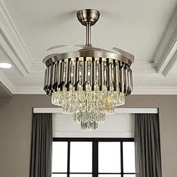 Glowave® Modern Black Chrome 42 inch Metal Body with K9 Crystal Acrylic Retractable Fan Chandelier Light for Kitchen, Cafes, Hotels, Dining, Bar - Tricolour (FI 7705)-image-33