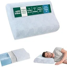 The White Willow Cervical Orthopedic Memory Foam Cooling Gel Queen Size Contour Neck Support Sleeping Bed Pillow with Removable Zip Cover (23" L x 14" W x 4" H) - Blue image 1