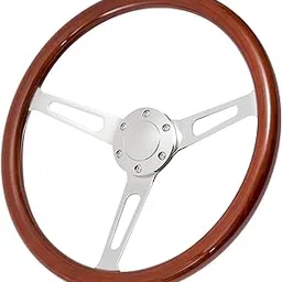 TEMSONE 15" Inch Car Boat Wood Grain Steering Wheel Billet Polished Spoke with 6 Bolts Horn Button Classic Vintage Nostalgia Style Finger Grip Wooden Steering Wheel of 2.1" Deep Dish (Long Hole)-picture-36