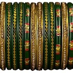 Traditional Green Muzafferpuri Lakh Bangles Set for Women | Bridal & Festive Kada Chura with Golden Detailing | Ethnic Indian Wedding Glass Look Bangles 12 Pcs-image-31