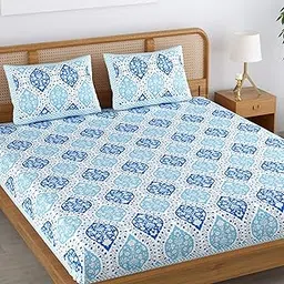 Colorish 120 TC Cotton Blend Floral Motif Printed Jaipuri Bedsheet for Double Bed King Size with 2 Pillow Covers, Sky Blue-picture-28