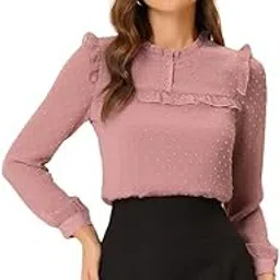 mizago Women's Swiss Dot Long Sleeve, Ruffled Design Top (in, Alpha, XL, Regular, Dark Pink)-picture-42