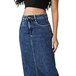 dolce crudo Women's High-Rise Stretchable Denim Midi Skirt with Back Slit – Shaping Fit-picture-59