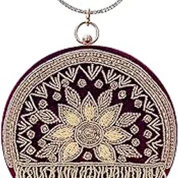ji accessories J I Handcrafted Embroidered Velvet Clutch with Golden Ring Handle-picture-30