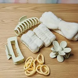 tryzm collection “Women’s Hair Accessories Combo Set – Hair Claw Clips, Scrunchies, Headband & Rubber Bands (Beige/Off-White)”-picture-16