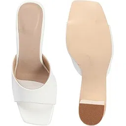 ssv Women's Patent Leather Block Heel Mules, Square Toe Slip-On Sandals with Ankle Strap, Casual Style, Black White Peach-picture-34