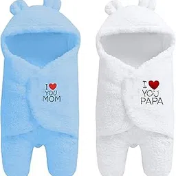 OYO BABY Newborn Combo Hooded Baby Blanket with Embroidery – Wearable Wrapper Sleeping Bag (0-6 Months, Blue & White, I Love MOM & PAPA)-picture-21