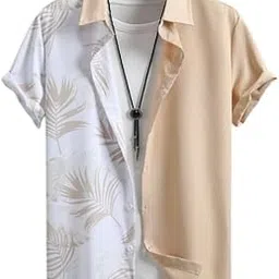 hmkm HmkMen’s Half and Half Printed Casual Shirt – Tropical Leaf Design, Short Sleeve Summer Beach Wear, Stylish Dual Tone Slim Fit for Party, Holiday-picture-21