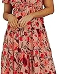shasmi Georgette A-Line 248 Floral Maxi Dress for Women, V-Neck, Short Flutter Sleeves, Green with Red Flowers-picture-51