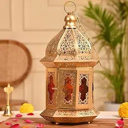 Dual Use Decorative Metal Dia Lamp – Hanging & Tabletop Lantern with Multicolor Glass-image-35