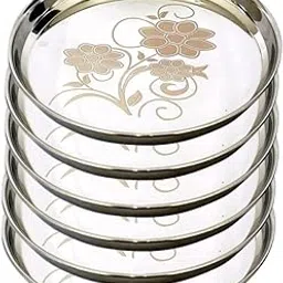 KC Stainless Steel Dinner Plate | Thali | Khumcha Plate with Laser Design Set of 6 Plates (Diamm. 27 Cms) (Set of 6 Thali)-picture-43