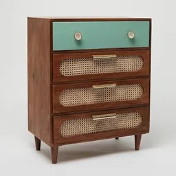 TGF Furniture Store Mid-Century Modern 4-Drawer Chest – Solid Wood Dresser with Cane Front Panels, Mint Green Accent Drawer – Brown Finish Storage Cabinet for Bedroom or Living Room-image-12