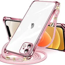iPhone 12 Case, Clear, Shoulder, iPhone12, Smartphone Case, iPhone 12 Cover, Crossbody Cover, Crossbody Strap, Transparent TPU Strap, Mobile Case, Thin, Lightweight, Shockproof, Drawstring, Diagonal, Woven Strap, Neck Strap, Shoulder Case, Vertical/Horizontal, 2 Way, Adjustable Length, Removable, Fall Prevention, Lost Prevention, Wireless Charging Compatible (Rose Gold)-image-3