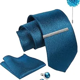 axlon Tie for Men – Paisley Silk Neck Ties Set with Cufflinks Flower Pin, Pocket Square & Black Gift Box, Combo Necktie Sets for Office Wear, Formal Suits & Weddings (Teal Ocean Blue, NXPLX_45) image 1