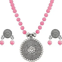 jfl Jewellery For Less Stone Bead Necklace Silver Plated Ganesha Pendant Set For Women-picture-38