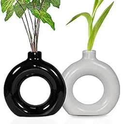 Crazy Sutra Donut Vase Set of 2 for Home Dcor & Office Desk | Black and White 5.3" Artificial Pampas Grass Sticks Vase | Faux Flower & Green Leaves Decorative Vase image 1