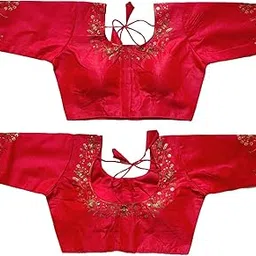 pujia mills Women's Silk Embroidery Sequence Work Round Neck Half Sleeve Readymade Blouse-picture-23