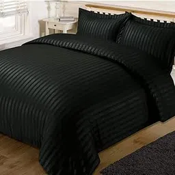 400TC Microfiber Satin Stripe Cotton AC Comforter Set King Size Double Bed with 1 Flat bedsheet-90x100 inch and Two Pillow Covers II 4 pc Bedding Set for Home|Hotels|(Black)-picture-25