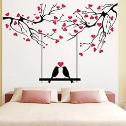 Wallstick ' Love Birds Under Love Tree ' Wall Sticker (Vinyl, 100 cm x 140 cm, Multicolor)-image-62