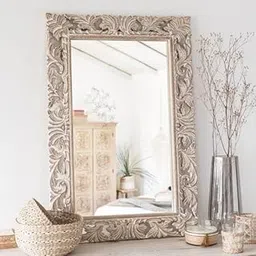 THE SARA ENTERPRISES Wooden Wall Mirror Size 90 x 60 Colour Antique White Brown encoitry Wooden Hand Carved Decorative Hanging Rectangular Wall Mount Mirror Fram only Without Mirror-picture-28