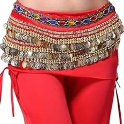 Silayi Women's Chiffon Belly Dance Hip Scarf Waistband Belt Skirt with128 Ringy Golden Coins 128 All Red Color Chiffon Fabric-picture-27