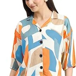 vairagee Women Cotton Blend Striped Pattern V-Collar Three Quarter Sleeves Stylish Boxy Shirt (1730)-picture-14
