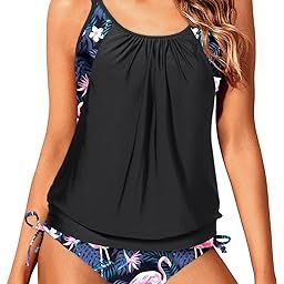 yonique Tankini Swimsuits for Women Blouson Swim Tops with Bikini Bottoms Athletic Two Piece Bathing Suits Double Up Swimwear, Black and Tree, XX-Large-picture-5