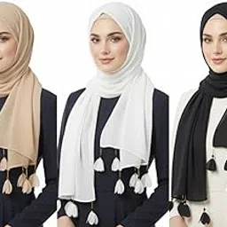 3 Pack Women's Elegant Chiffon Hijab Scarf Stole with Tassels - Black, White, Beige-picture-11