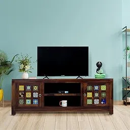 Tielac Solid Wood TV Cabinet with Middle Box Space,Sheesham Wood Entertainment Unit,64.6 in X 19.6 in X23 in,Elegant Design (Natural Honey Oak) image 1
