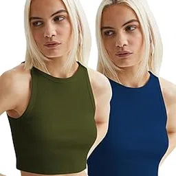toochki Women's Knitted Sleeveless Solid Roundneck Ribbed Tanks & Crop Top (Pack of 2 (Two)) image 1